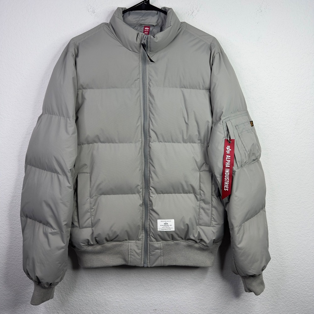 Alpha Industries Puffer Bomber Jacket Mens L Gray Quilted Streetwear Utility
